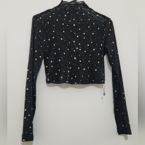 NWT Black Starry Women's Mock Neck Sheer Crop Top - Picture 1 of 5